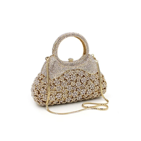 Luxury Rhinestone Evening Bag Hollow Flower Metal Handbag Party Elegant Formal Clutch With Round Handle And Chain Strap