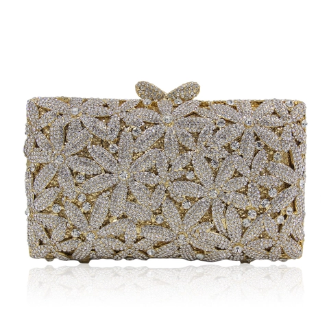 Luxury Evening Clutch Bag Hollow Metal Rhinestone Crystal Floral Pattern Butterfly Clasp Wedding Party Bridal Handbag