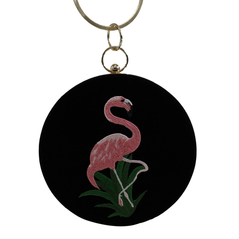 Flamingo Embroidery Round Evening Bag Women Rhinestone Circle Handle PU Leather Clutch Purse For Banquet Party Wedding