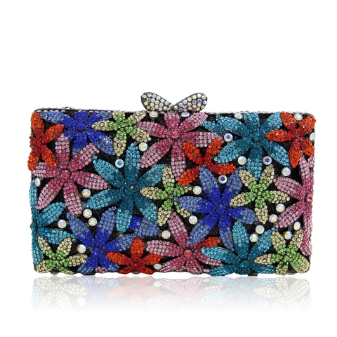 Luxury Evening Clutch Bag Hollow Metal Rhinestone Crystal Floral Pattern Butterfly Clasp Wedding Party Bridal Handbag