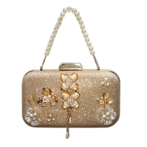 Bolso De Noche De Lujo Cartera De Mano Brillante Diamantes Perlas Artificiales Flores Oro Champaña Fiesta Boda Con Cadena