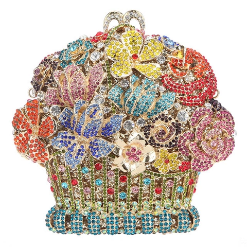 Blumenkorb Form Abendtasche Metall Kristall Strass Clutch Für Damen Hochzeit Party Luxus Elegant