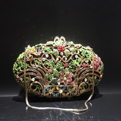 Pochette Da Sera Di Lusso Strass Cristallo Smalto Floreale Metallo Cavo Guscio Rigido Festa Matrimonio Donne