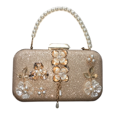 Bolso De Noche De Lujo Cartera De Mano Brillante Diamantes Perlas Artificiales Flores Oro Champaña Fiesta Boda Con Cadena