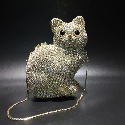 Katzenform Strass Abendtasche Kristall Clutch Handgefertigte Metall Luxus Party Handtasche Damen Kette