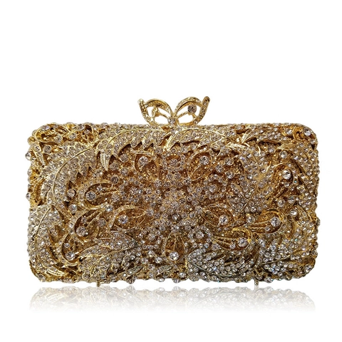 Luxury Evening Clutch Bag Hollow Metal Handmade Rhinestone Crystal Butterfly Buckle Chain Wedding Party Handbag For Women