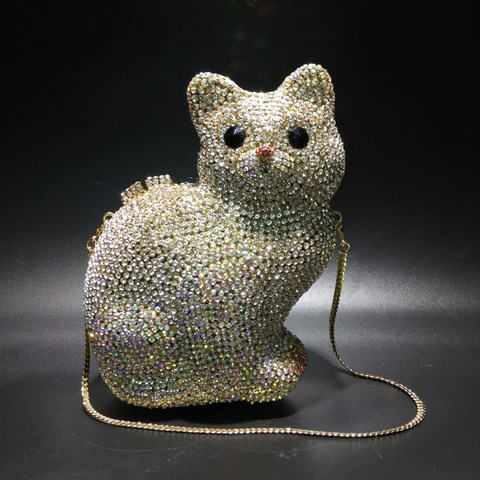 Katzenform Strass Abendtasche Kristall Clutch Handgefertigte Metall Luxus Party Handtasche Damen Kette