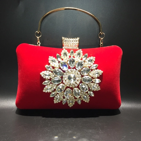 Velvet Evening Clutch Bag Rhinestone Sunflower Decor Elegant Wedding Party Handbag For Women With Detachable Chain