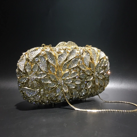 Luxus Strass Abendtasche Hohl Metall Kristall Clutch Für Frauen Party Hochzeit Handgemachtes Blumenmuster Mit Kette