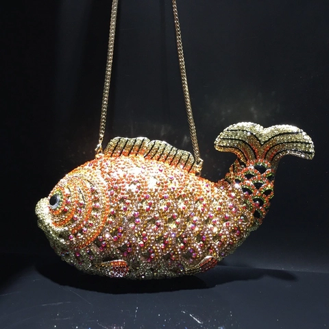Pochette Da Sera A Forma Di Pesce Strass Fatto A Mano Lusso Cristallo Cavo Metallo Festa Matrimonio Con Catena