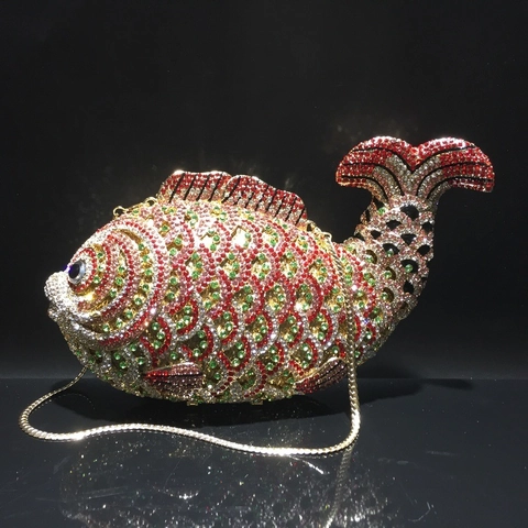 Pochette Da Sera A Forma Di Pesce Strass Fatto A Mano Lusso Cristallo Cavo Metallo Festa Matrimonio Con Catena