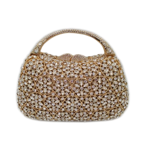 Elegante Pochette Da Sera Con Strass Borsa A Mano Floreale In Metallo E Cristallo Con Manico Rotondo E Catena Donna