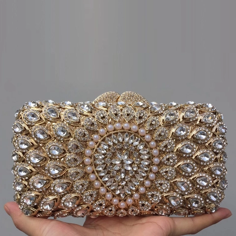 Borsa Da Sera Di Lusso Da Donna Metallo Cavo Strass Cristallo Perla Artificial Matrimonio Festa Pochette Rigida Catena