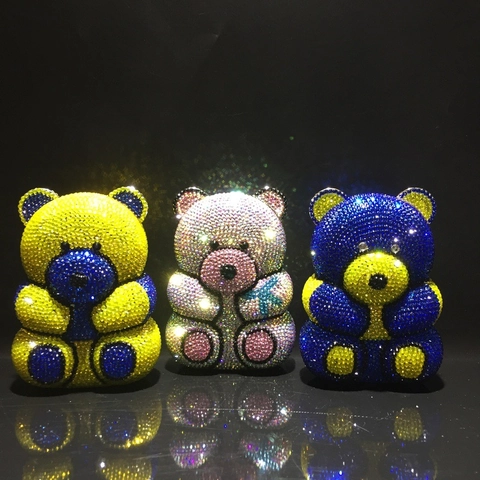 Bear Shape Rhinestone Evening Clutch Bag Crystal Sparkly Handmade Metal Hard Shell Minaudiere Women Party