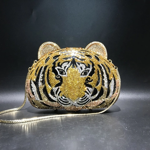 Bolso De Noche Con Cabeza De Tigre De Diamantes De Imitación Clutch Metal Hueco Cristal Incrustado A Mano Bolso De Fiesta Con Cadena