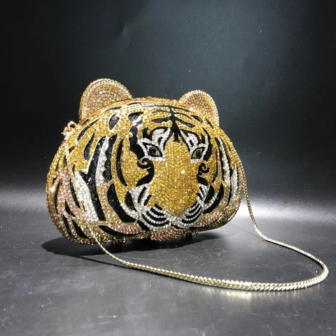 Bolso De Noche Con Cabeza De Tigre De Diamantes De Imitación Clutch Metal Hueco Cristal Incrustado A Mano Bolso De Fiesta Con Cadena