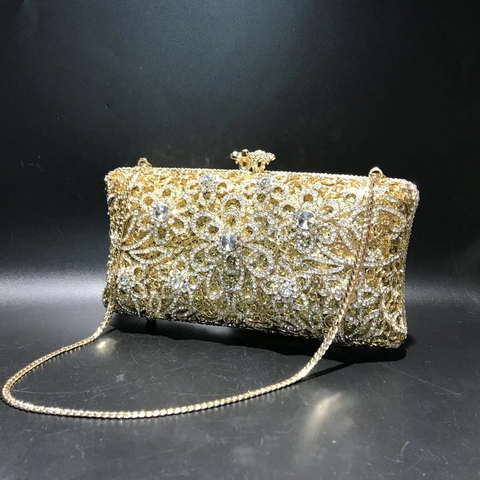 Cartera De Mano De Lujo Para Fiesta Pedrería Metal Hueco Floral Bolso Para Boda Mujeres