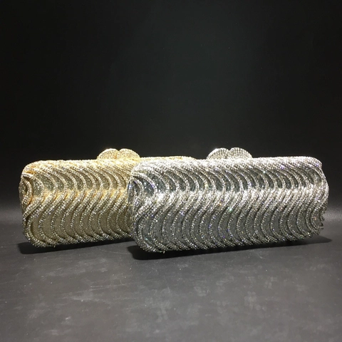 Pochette Da Sera Di Lusso Con Strass Borsa In Metallo Svuotato Motivo A Onde Fatto A Mano Festa Matrimonio Con Catena