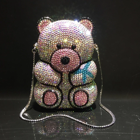 Bear Shape Rhinestone Evening Clutch Bag Crystal Sparkly Handmade Metal Hard Shell Minaudiere Women Party