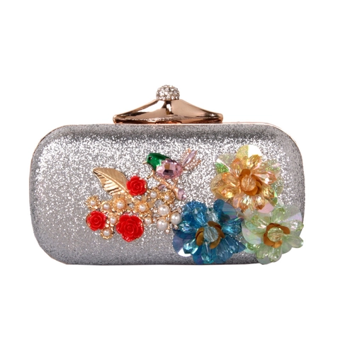 3D Floral Evening Bag Sequin Resin Flower Rhinestone Bird Hard Shell Clutch Wedding Bridal Party Handbag Artificial Pearl Chain