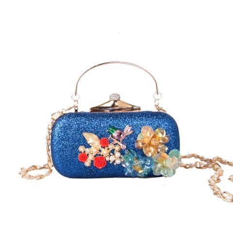 3D Floral Evening Bag Sequin Resin Flower Rhinestone Bird Hard Shell Clutch Wedding Bridal Party Handbag Artificial Pearl Chain