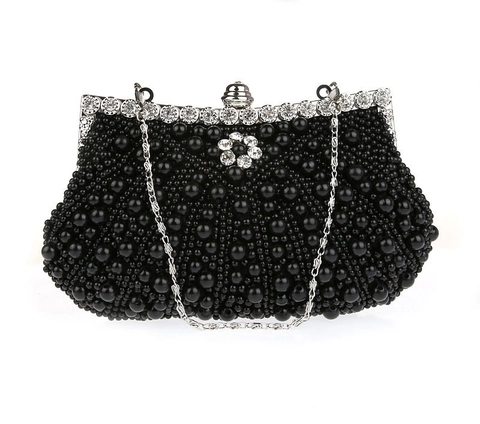 Elegant Women Artificial Pearl Clutch Evening Bag Handmade Rhinestone Flower Banquet Wedding Party Purse With Metal Chain