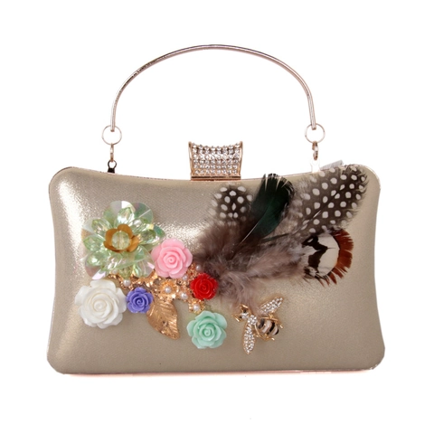 Elegant Evening Clutch Bag With 3D Resin Flowers And Feathers Rhinestone Bee Decor Wedding Party Handbag Metal Handle