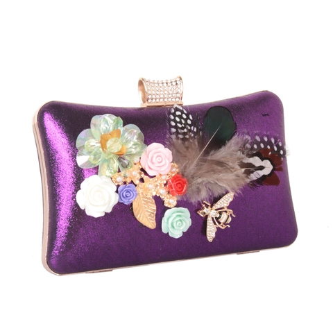 Elegant Evening Clutch Bag With 3D Resin Flowers And Feathers Rhinestone Bee Decor Wedding Party Handbag Metal Handle