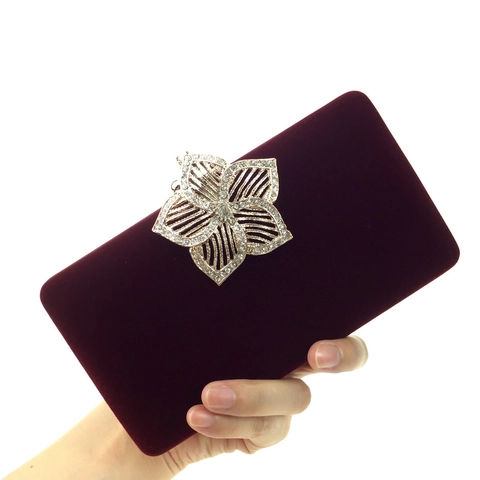 Pochette Da Sera In Velluto Da Donna Chiusura A Fiore Con Strass Guscio Rigido Borsa A Mano Lusso Festa Matrimonio Catena