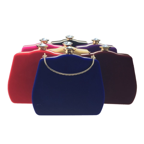 Velvet Evening Bag Rhinestone Gemstone Clasp Hard Shell Wedding Party Clutch With Metal Handle Chain Strap