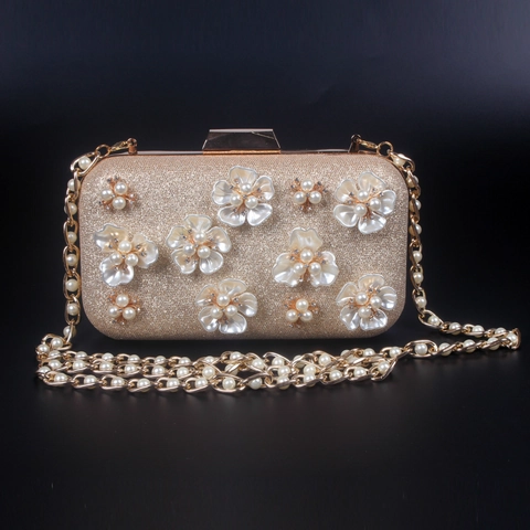 Elegante Pochette Da Sera Champagne Oro Glitter Rigida Con Fiore Di Perla Artificial Decorazione Strass Per Donna Matrimonio Festa