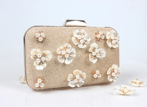 Elegante Pochette Da Sera Champagne Oro Glitter Rigida Con Fiore Di Perla Artificial Decorazione Strass Per Donna Matrimonio Festa