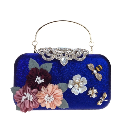 Dimensional Satin Flower Evening Clutch Bag With Rhinestone And Artificial Pearl Wedding Party Handbag Hard Shell Metallic Metal Handle