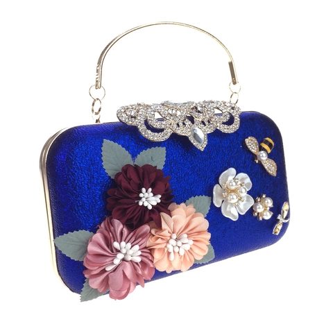 Dimensional Satin Flower Evening Clutch Bag With Rhinestone And Artificial Pearl Wedding Party Handbag Hard Shell Metallic Metal Handle