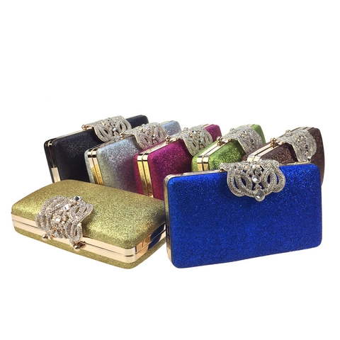 Women Evening Clutch Bag Sequin Glitter Leather Crown Rhinestone Hard Shell Handbag Wedding Party Formal