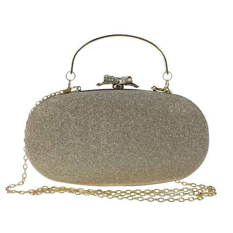 Women Evening Clutch Bag Glitter Mesh PU Leather Rhinestone Bow Clasp Metal Ring Handle Handbag For Wedding Party Formal
