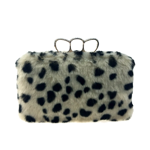 Bolso De Noche Con Estampado De Leopardo Piel Sintética De Conejo Mango De Anillo Diamantes De Imitación Correa Cadena