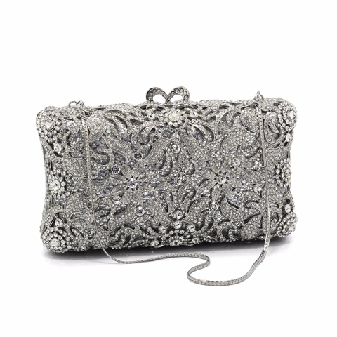 Bolso De Noche De Lujo Con Pedrería Diseño De Flores De Metal Hueco Carcasa Rígida Con Cadena Para Mujer