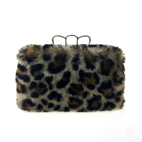 Bolso De Noche Con Estampado De Leopardo Piel Sintética De Conejo Mango De Anillo Diamantes De Imitación Correa Cadena