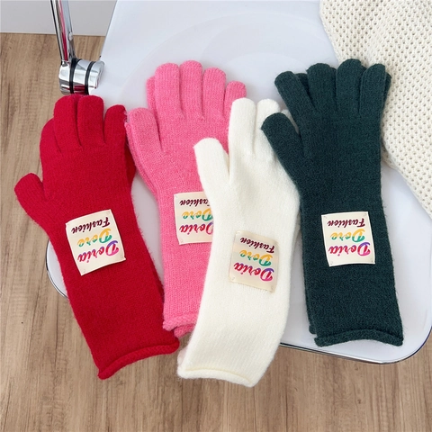 Winter Warm Knitted Gloves Full Finger Outdoor Windproof Candy Color Korean Style Letter Patch For Men And Women