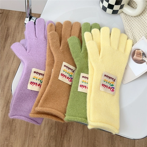 Winter Warm Knitted Gloves Full Finger Outdoor Windproof Candy Color Korean Style Letter Patch For Men And Women