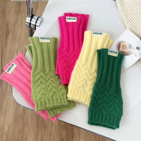Guantes Sin Dedos De Punto De Torsión Calentadores De Brazos Térmicos De Invierno Con Orificio Para El Pulgar Mujer