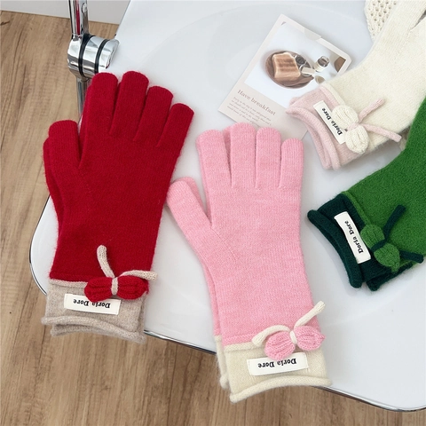 Guanti Maglia Invernale Donna Decorazione Fiocco Caldo Cinque Dita Color Block Stile Dolce Esterno Morbido