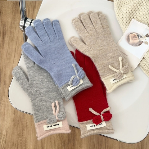 Guanti Maglia Invernale Donna Decorazione Fiocco Caldo Cinque Dita Color Block Stile Dolce Esterno Morbido