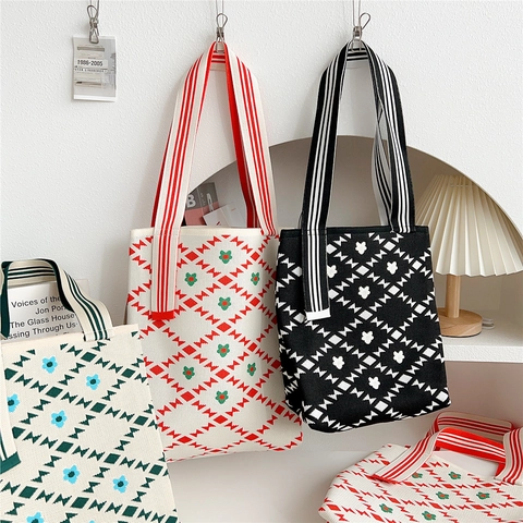 Knitted Tote Handbag Geometric Floral Contrast Stripe Handle Large Capacity Daily Commuting Casual Style For Women