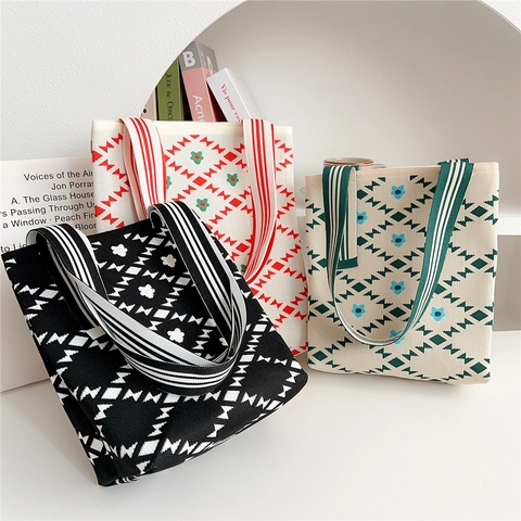 Knitted Tote Handbag Geometric Floral Contrast Stripe Handle Large Capacity Daily Commuting Casual Style For Women
