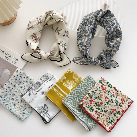 Women Square Neck Scarf Cotton Linen Blend Printed Paisley Floral Vintage Hair Band Decorative Head Scarf