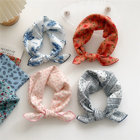 Women Square Neck Scarf Cotton Linen Blend Printed Paisley Floral Vintage Hair Band Decorative Head Scarf