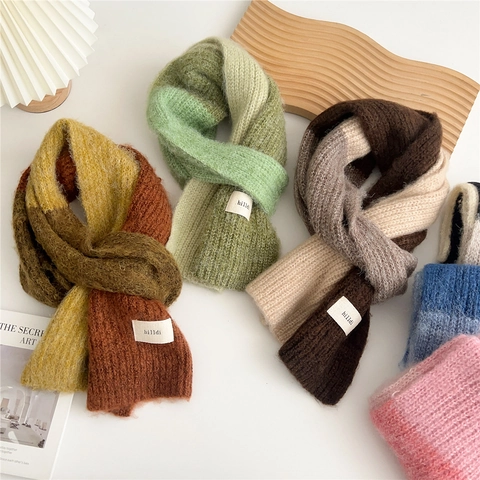 Winter Knitted Scarf Soft Thick Warm Color Block Stitching Elegant Neck Warmer Outdoor Wrap For Women