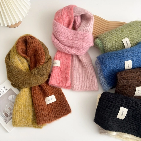 Winter Knitted Scarf Soft Thick Warm Color Block Stitching Elegant Neck Warmer Outdoor Wrap For Women